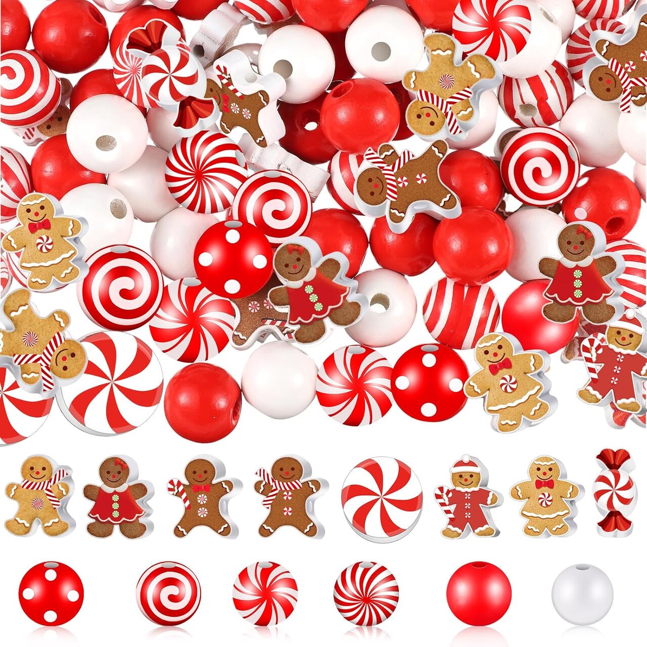 200 Pcs Christmas Beads for Crafts Christmas Beads for Jewelry Making Red and White Beads Wooden Beads Xmas Gingerbread Candy Beads for Craft Holiday DIY Garland Party Tree Hanging Home